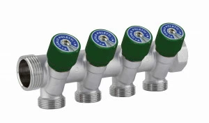 Carlo Poletti C524N10TV Коллектор сборный с регулировочным клапаном. Ручка зеленая с идентификационными пластинками красный/синий. 3 ответвления, межосевое расстояние 40 мм.