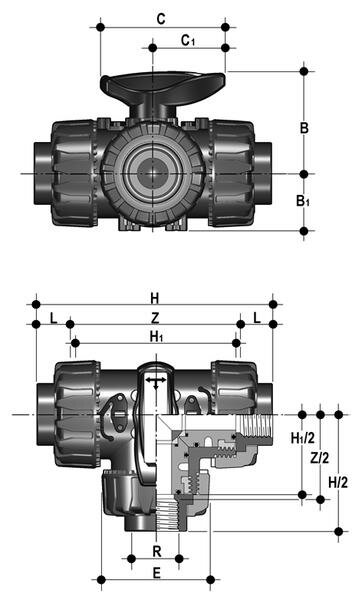 SANIT 73407936710 3-ходовой шаровой кран R 1/2 "- 2", ТКД DualBlock®, РР, Т-отверстия, резьбовые втулки  - Вид №1