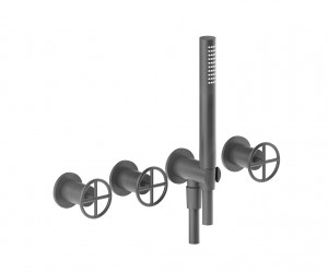 P017B+P017A  Встроенный смеситель для ванныбез излива ручки ручка открывания/закрывания, регулирующая поток и температуру ручная лейка FIT шланговое подсоединение с держателем для ручной лейки гибкий шланг 150 см ПВХ картридж керамический 90° впуски 1/2''