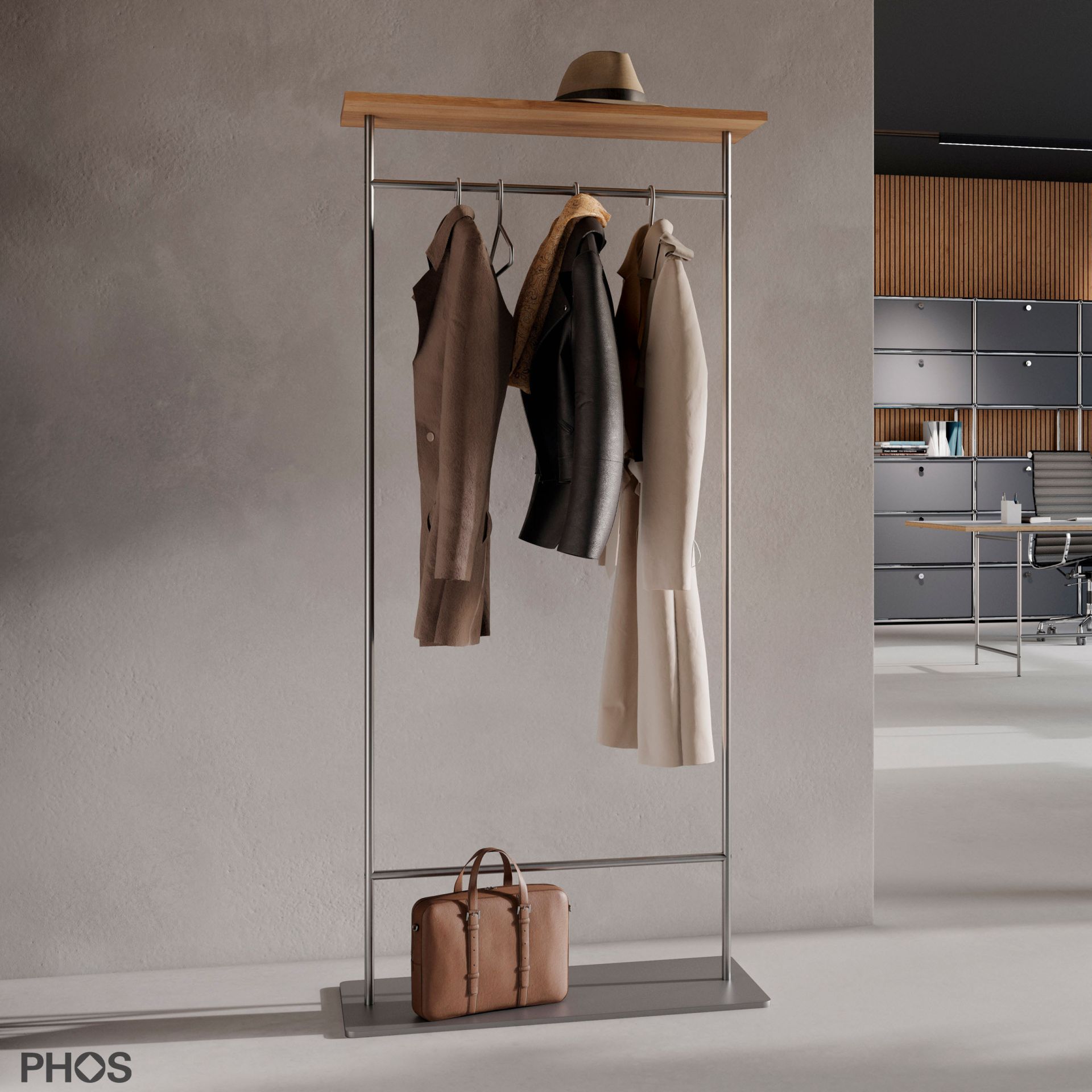 GST2-Eiche Двойной шкаф с гладкой штангой для одежды и полкой из дуба, основание: серое. PHOS 