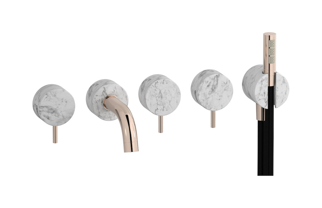 Настенный смеситель для ванной на 5 отверстий с дивертером и душевым гарнитуром. WE ARE IB mr398rs_1 Rose Gold Marmo