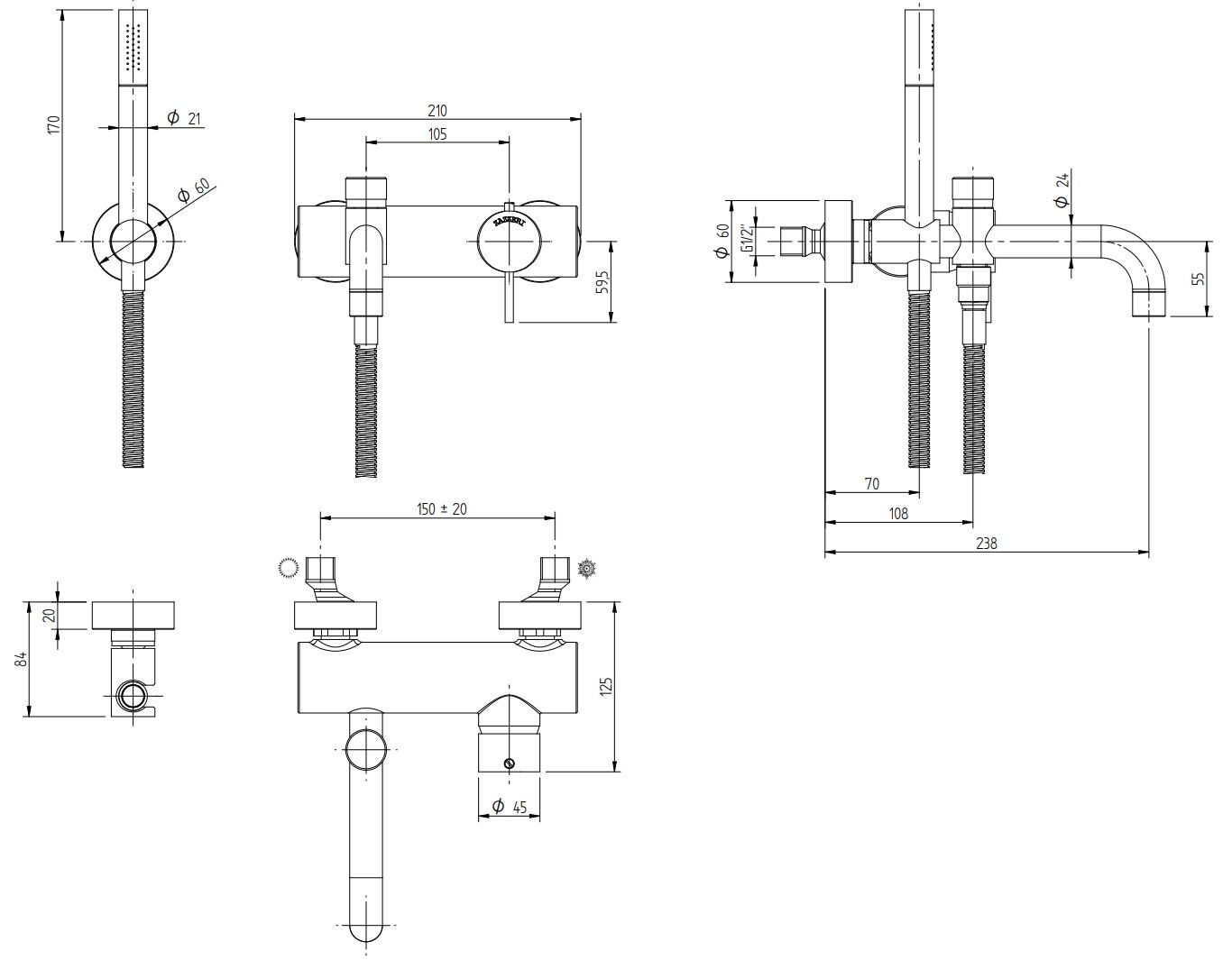 Настенный смеситель для ванны с ручным душем Zazzeri способ ARCH-00130217 - Вид №2
