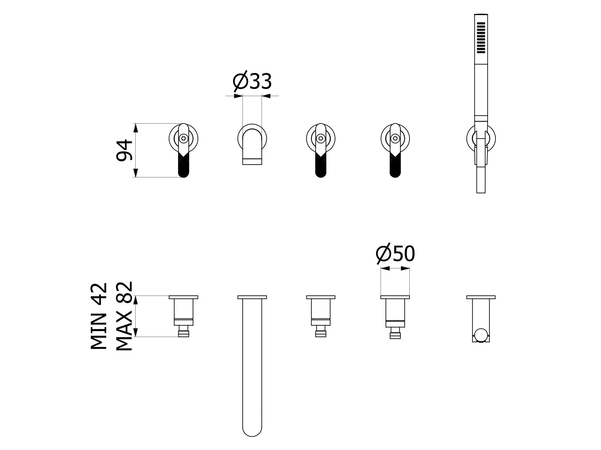Настенный смеситель для ванны с 5 отверстиями и ручным душем IB Bold ARCH-00142517 - Вид №22
