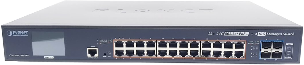 GS-5220-24PL4XV Planet l2+/l4 24-port 10/100/1000t 802.3at poe + 4-port 10g sfp+ managed switch with color lcd touch screen, hardware layer3 ipv4/ipv6 static routing (600w poe budget, onvif) PLANET Technology Corporation Santreyd 