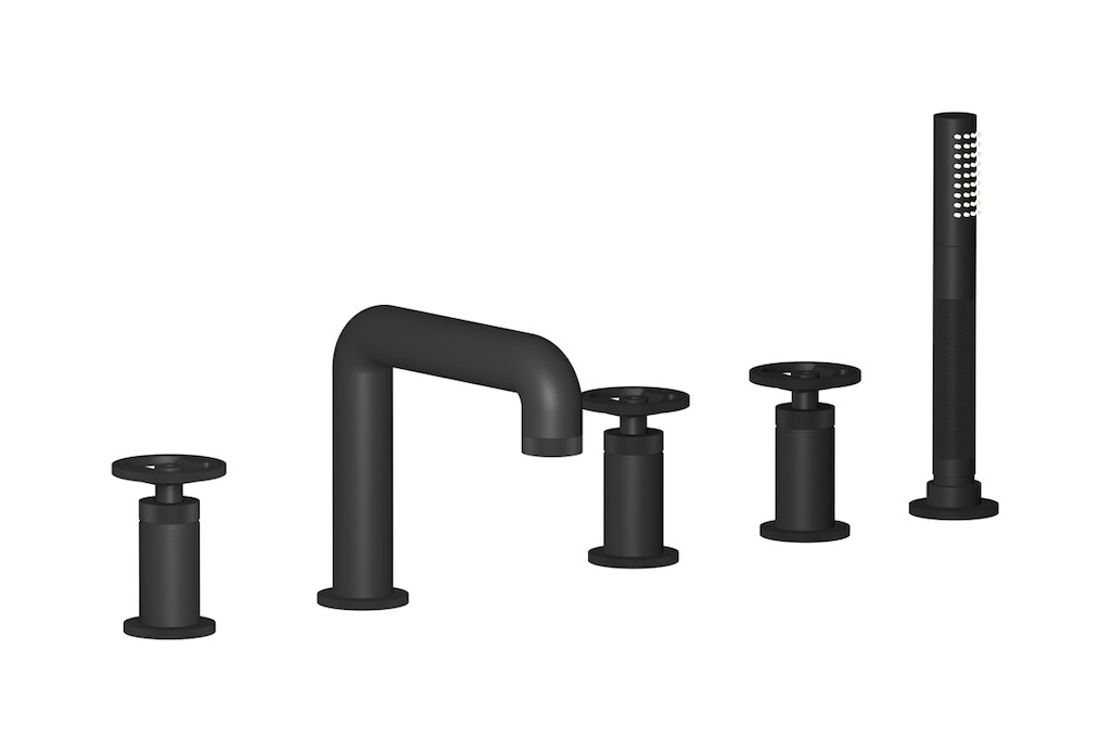 Смеситель на бортик ванной на 5 отверстий с дивертером и душевым гарнитуром. WE ARE IB b1396np Matt Black Bold