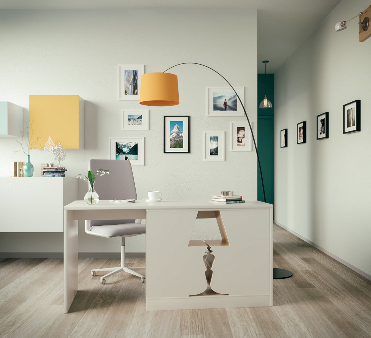 Письменный стол белый с желтым декором "Лампа" от Odingeniy ODINGENIY  178410 Белый  - Вид №4