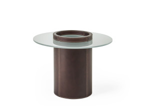 Высокий круглый журнальный столик из кожи и матового стекла