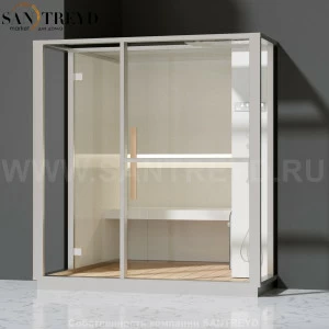 Effegibi LOGICA H LO30020011 Хаммам. Установка: в полунишу. Правая дверь. Мощность: 4,5 кВт макс. Размеры: длина 214 см, ширина 250 см. Отделка: матовый лакированный белый аллюминий и серый ламинат из керамогранита.