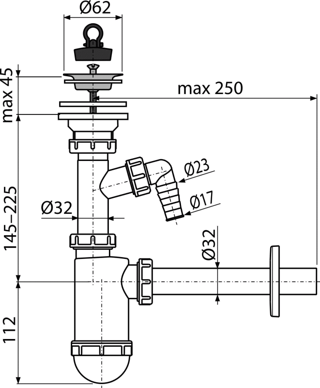 Сифон для умывальника DN32 со штуцером и нержавеющей peшeткой DN63 ALCAPLAST A410P - Вид №1