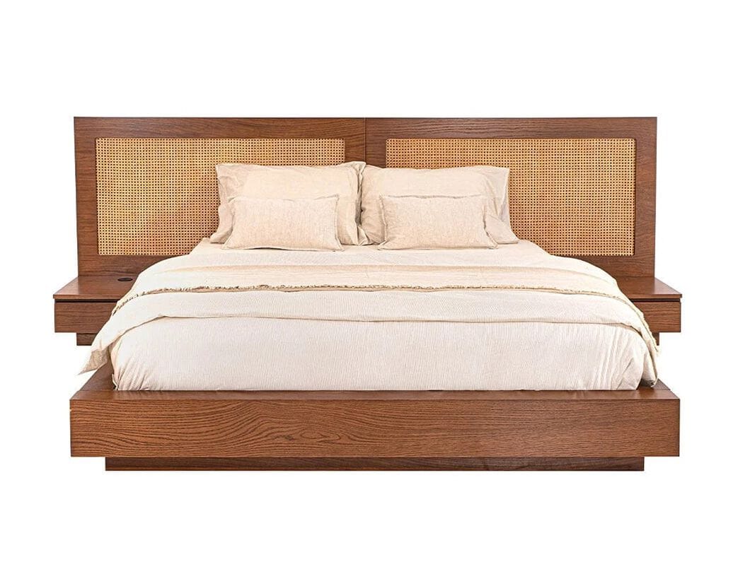 Деревянная и плетеная двуспальная кровать со встроенными тумбочками NDESIGN Clay ARCH-00135095