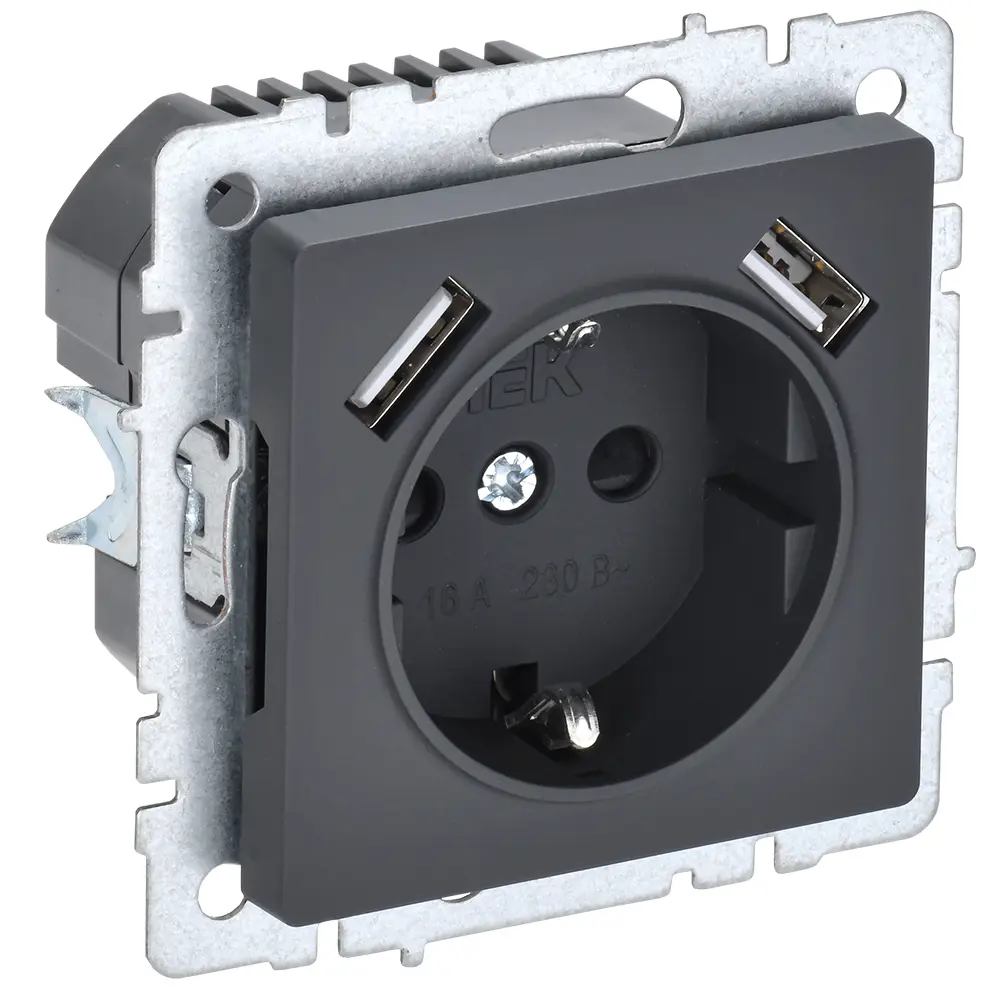 Розетка USB встраиваемая IEK Brite РЮш10-1-БрГ с заземлением цвет графит 87761580 STLM-2005021