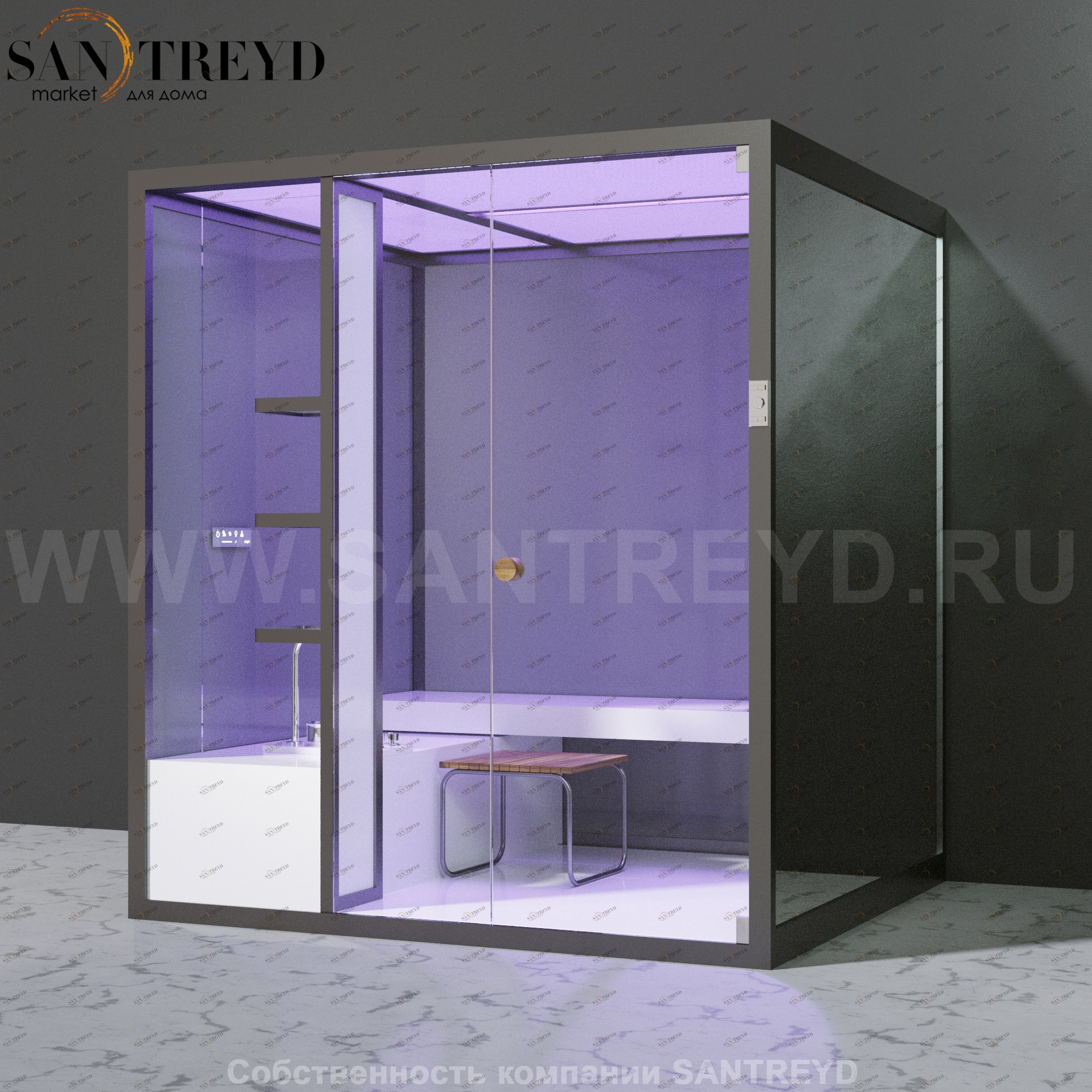 Effegibi BODYLOVE H BL30040007 Хаммам. Установка: к стене. Мощность: 7 кВт макс. Размеры: длина 200 см, ширина 176 см. Отделка: трубчатое стекло и зеркало.
