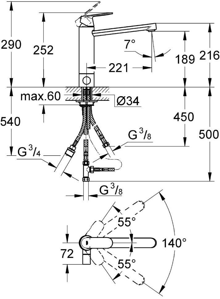 Смеситель для кухни GROHE Eurosmart Cosmopolitan с запорным вентилем, хром (30195000) - Вид №1