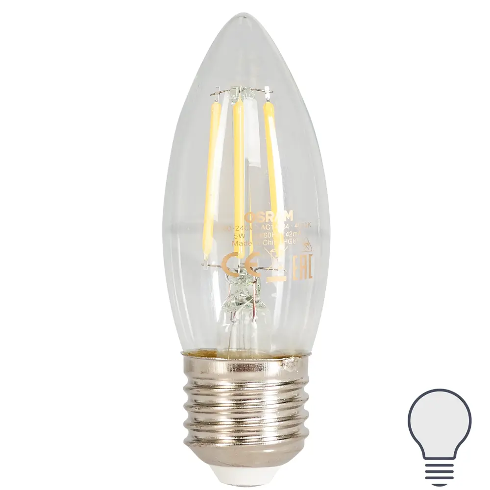 Лампа светодиодная Osram E27 220 В 5 Вт свеча прозрачная 660 лм белый свет 82481268 STLM-2100084 
