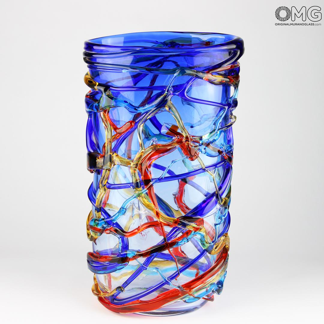 3137 ORIGINALMURANOGLASS Ваза Арлекино- голубая- Original Murano Glass OMG 18 см  - Вид №1