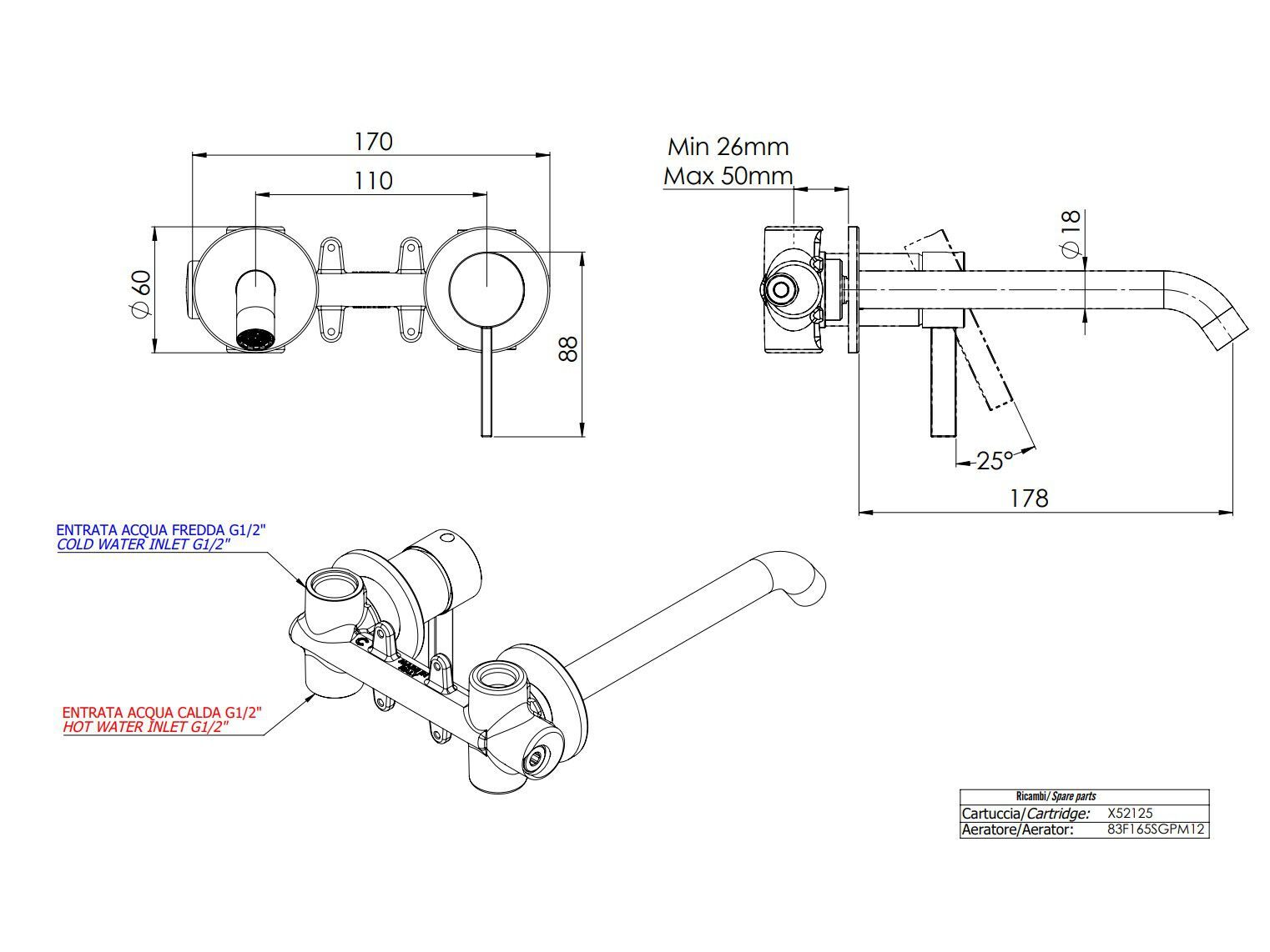 Настенный однорычажный смеситель для раковины Remer Rubinetterie метрическая ARCH-00055040 - Вид №4