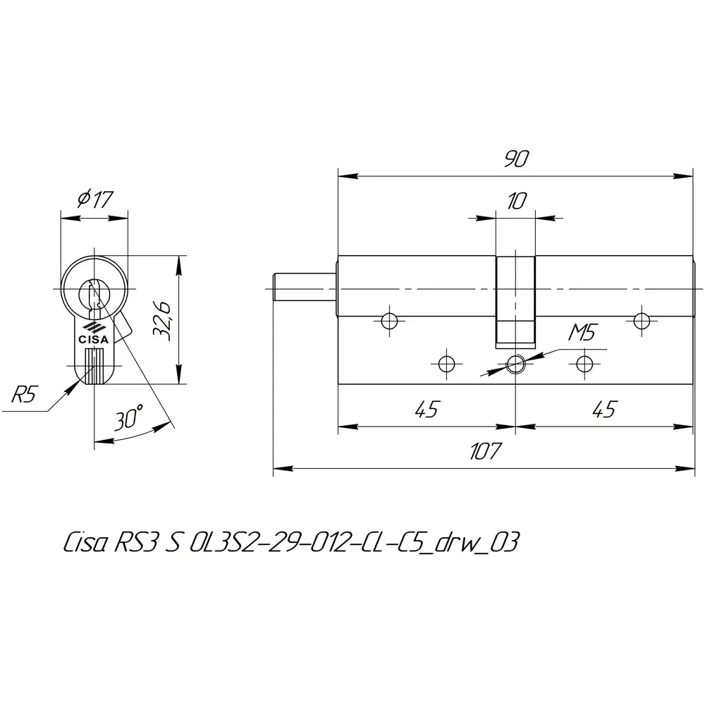 Цилиндр Cisa RS3 OL3S2-29.12, 40x10x40 мм, ключ/шток, цвет никель, без вертушки STLM-2073305 - Вид №4