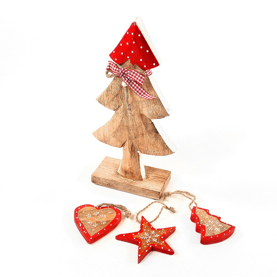 Украшение новогоднее "Ель деревянная красная в горошек" Love tree, 28х12х6 см ENJOYME  253091 Бежевый;красный;разноцветный  - Вид №3