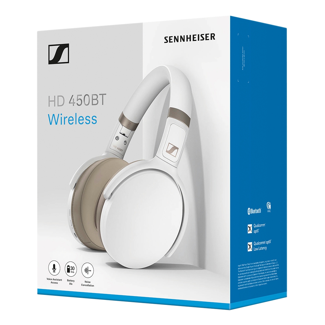 HD 450BT WHITE Наушники беспроводные / bluetooth 5.0, накладные складные закрытые, активное шумоподавление, 18-22000гц, 108дб, микрофон, до 30 часов работы, аудиокедеки: sbc, aac, aptx™, aptx™ low latency, белые Sennheiser Santreyd  - Вид №5