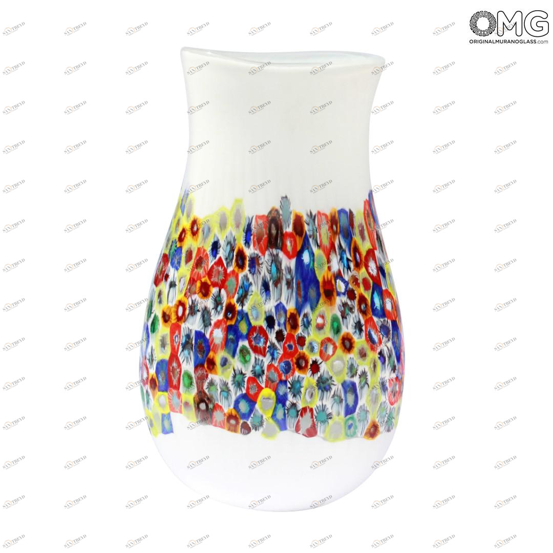 1798 ORIGINALMURANOGLASS Белая ваза с разноцветными мурринами миллефиори - муранское стекло 26 см 