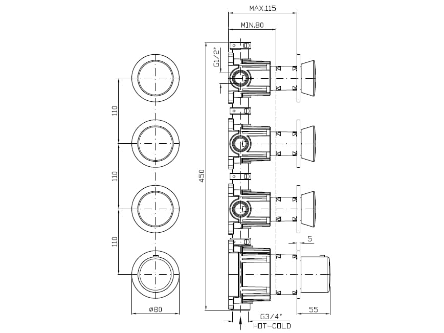 Термостатический смеситель для душа с 4 отверстиями из нержавеющей стали Zucchetti Sablier ARCH-00004069 - Вид №1