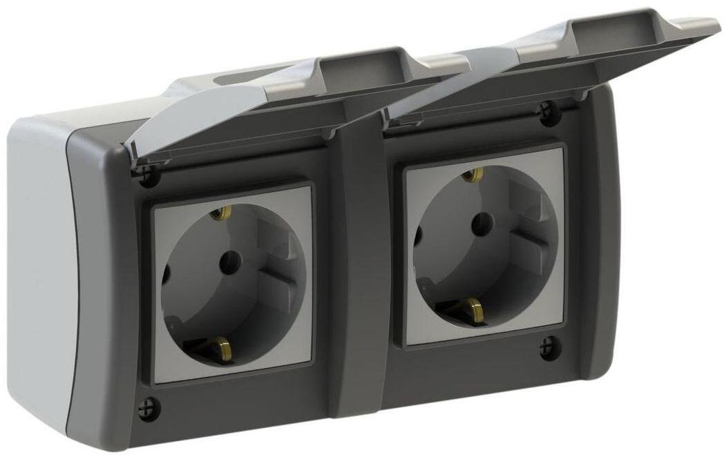 154-020007-120 Розетка 2К+З двойная 16A 250V с крышкой винтовое подключение бело-серый Mono Electric Octans Ip54