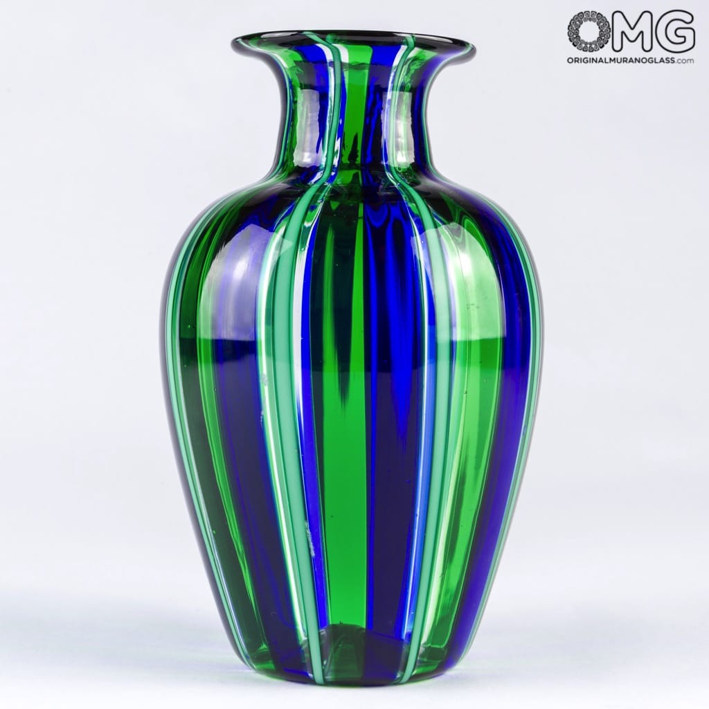 1509 ORIGINALMURANOGLASS Ваза Филигрань в сине-зелёную полоску - Муранское стекло 11 см  - Вид №1