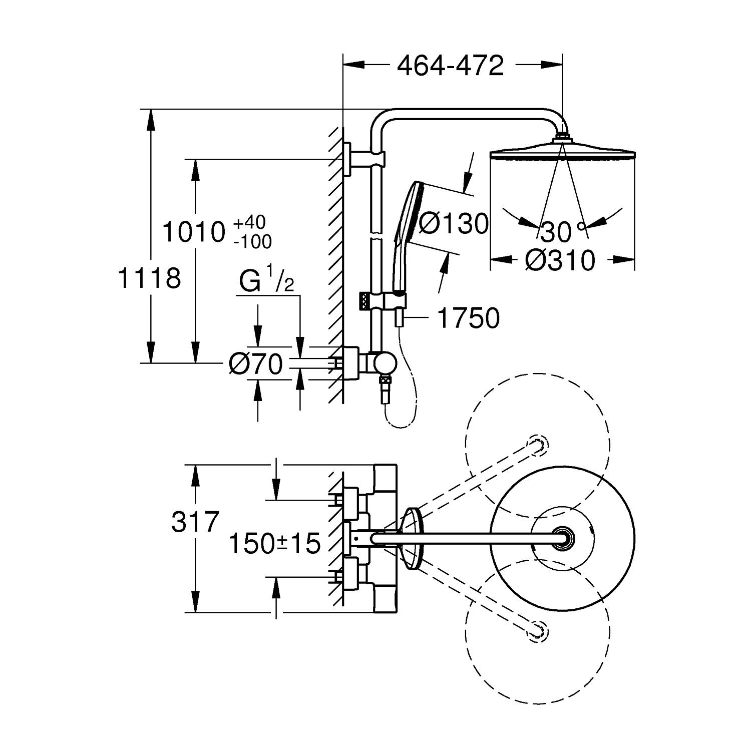 Душевая система GROHE Rainshower SmartActive 310 Mono, круглый, 1 режим струи, с термостатом, хром (26647000) - Вид №1