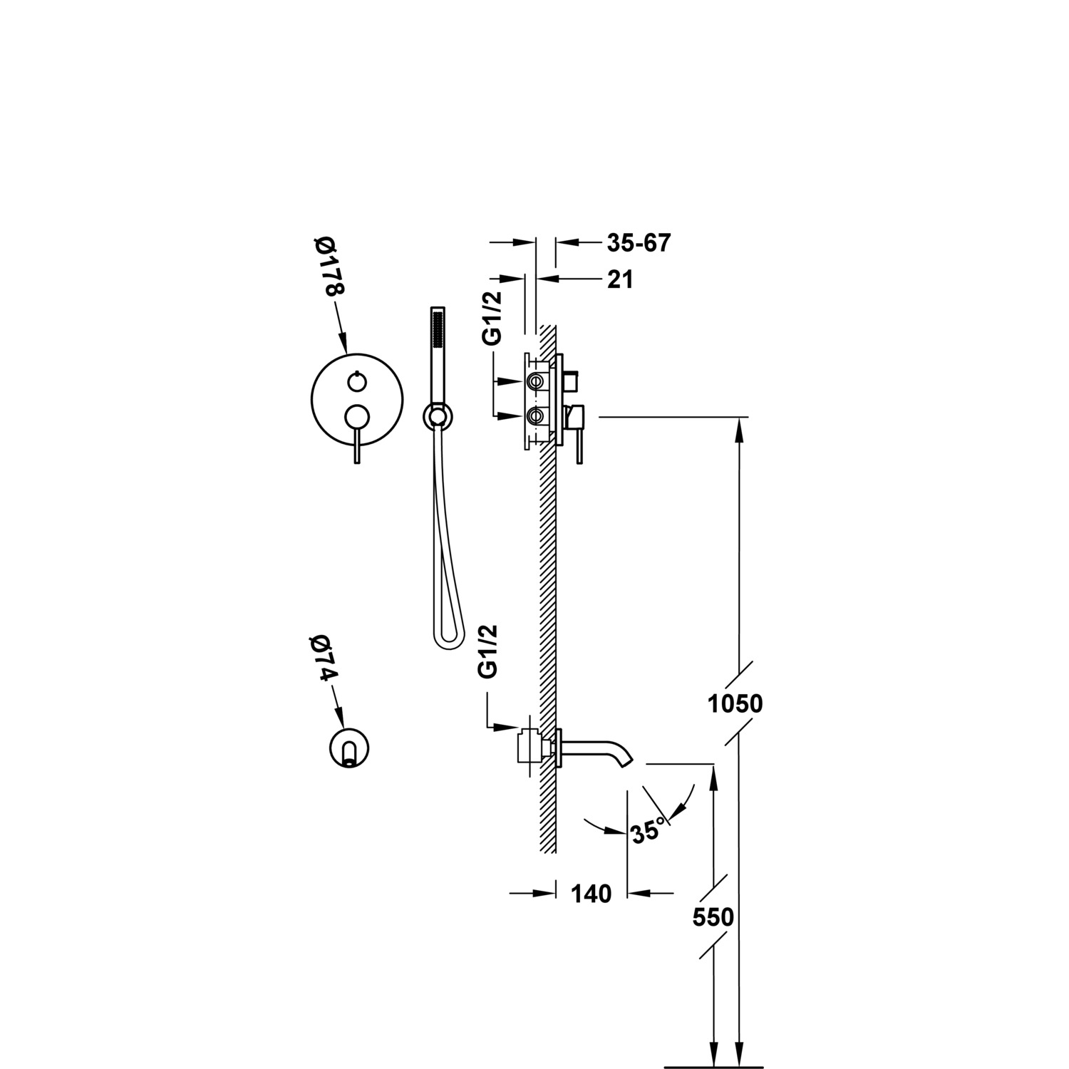 STUDY Rapid-box 2-ходовой комплект скрытого смесителя с одной ручкой для ванны и душа-26228006OM TRES  - Вид №1