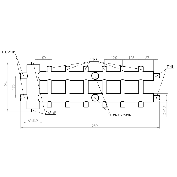Купить Распределительный коллектор с гидрострелкой 85 кВт, 7 контуров Прокситерм GSK327 - Вид №8
