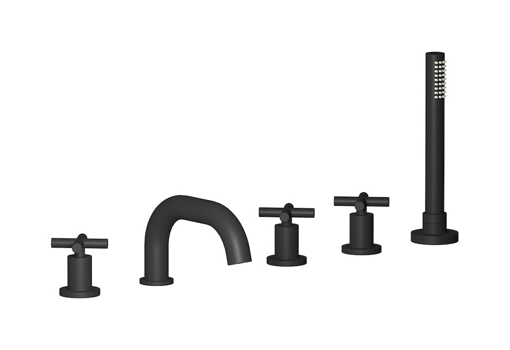 Смеситель на бортик ванной на 5 отверстий с дивертером и душевым гарнитуром. WE ARE IB yp305cc Matt Black WOW