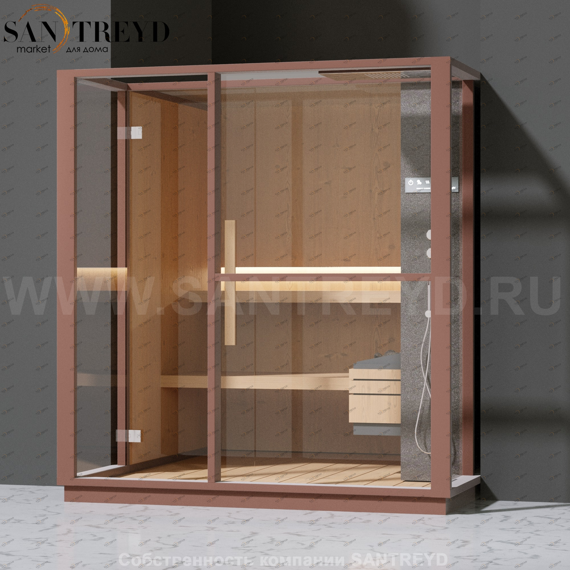 Effegibi LOGICA S LO20030011 Сауна. Установка: в полунишу. Правая дверь. Мощность: 6 кВт макс. Размеры: длина 214 см, ширина 250 см. Отделка: канадский хемлок, матовый лакированный коричневый аллюминий и темный ламинат из керамогранита.