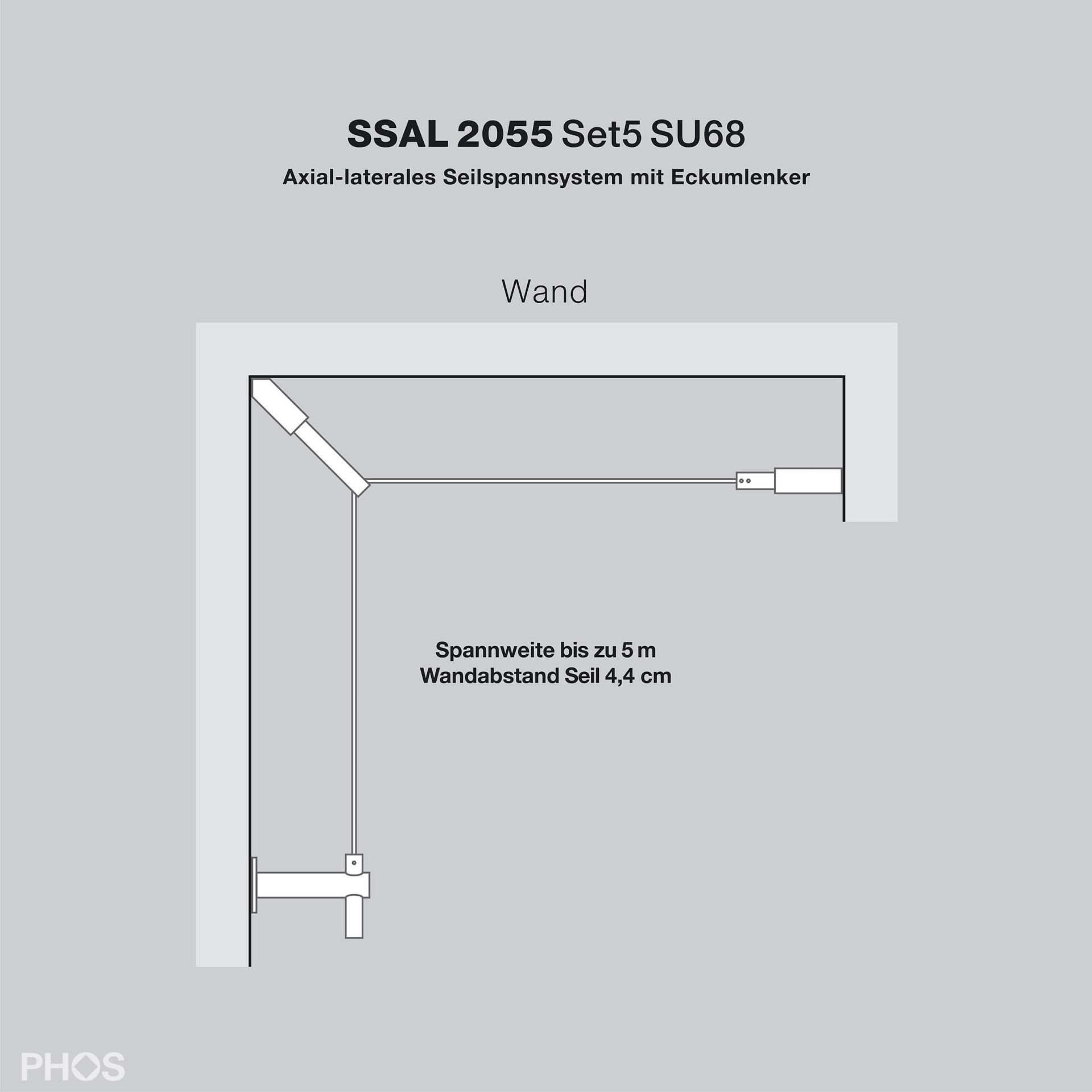 SSAL2055Set5SU68 Система натяжения кабеля в осевом направлении с угловой направляющей до 5 метров, небольшое расстояние от стены или потолка PHOS  - Вид №2