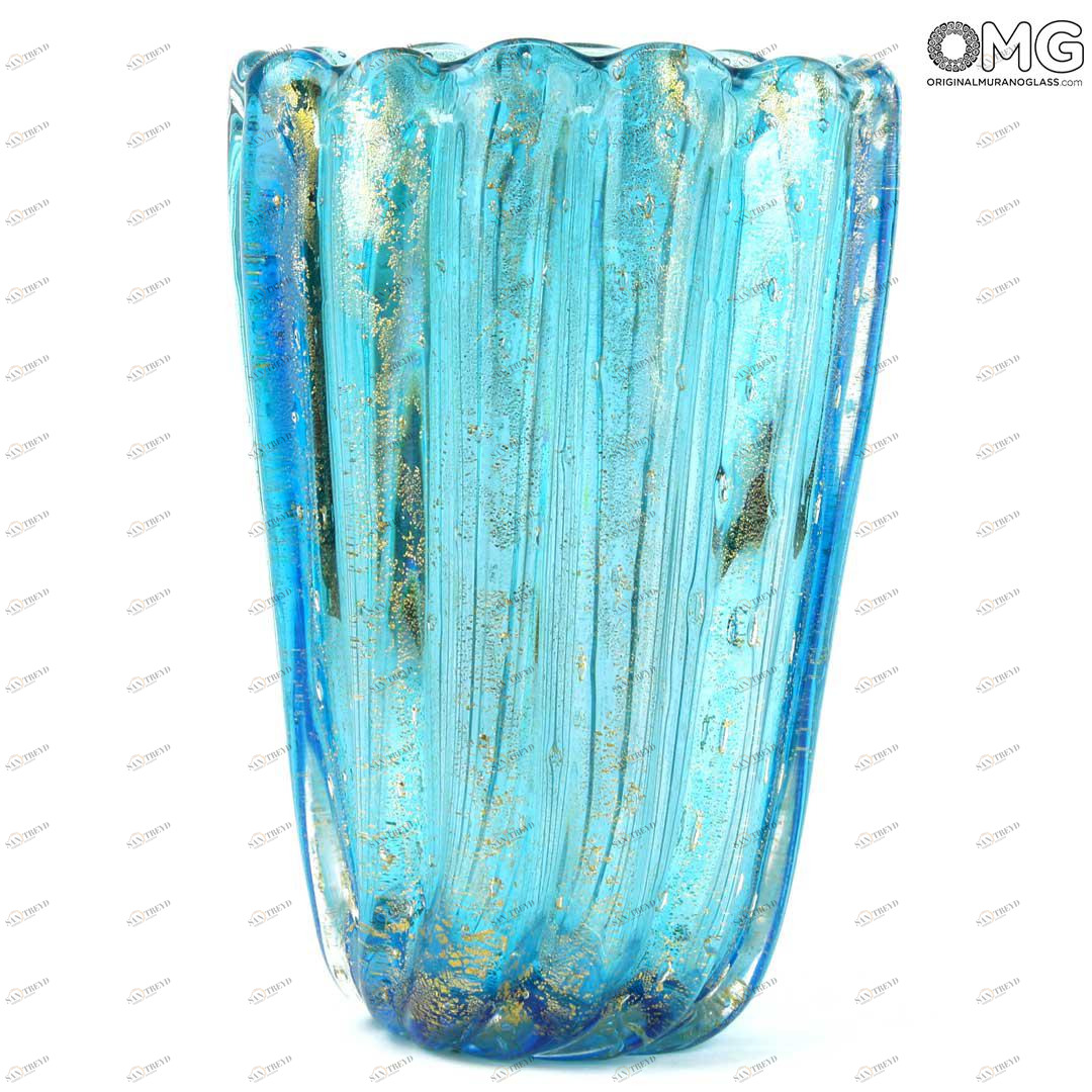 3902 ORIGINALMURANOGLASS Ваза Лотос - Голубая с золотом - муранское стекло OMG 16 см 