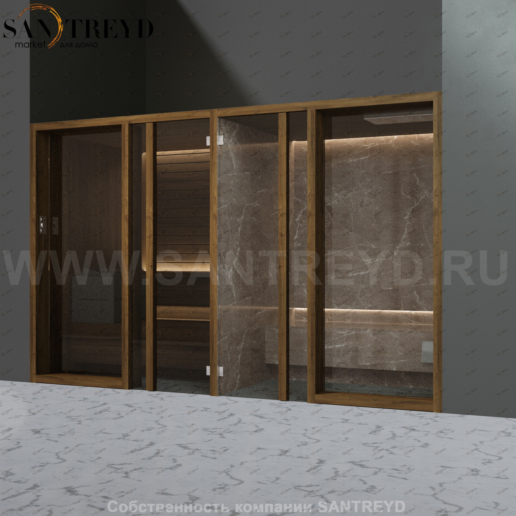 Effegibi YOKU.G SH YO.30320001 Комбинированная баня: хаммам и сауна. Установка: в нишу. Мощность: 10,5 кВт макс. Размеры: длина 342 см, ширина 170 см. Отделка: чёрный орех и темный керамогранит YO30320001