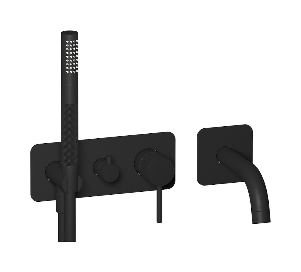 Настенный смеситель для ванной на 5 отверстий с дивертером и душевым гарнитуром. WE ARE IB id398np Matt Black Industria