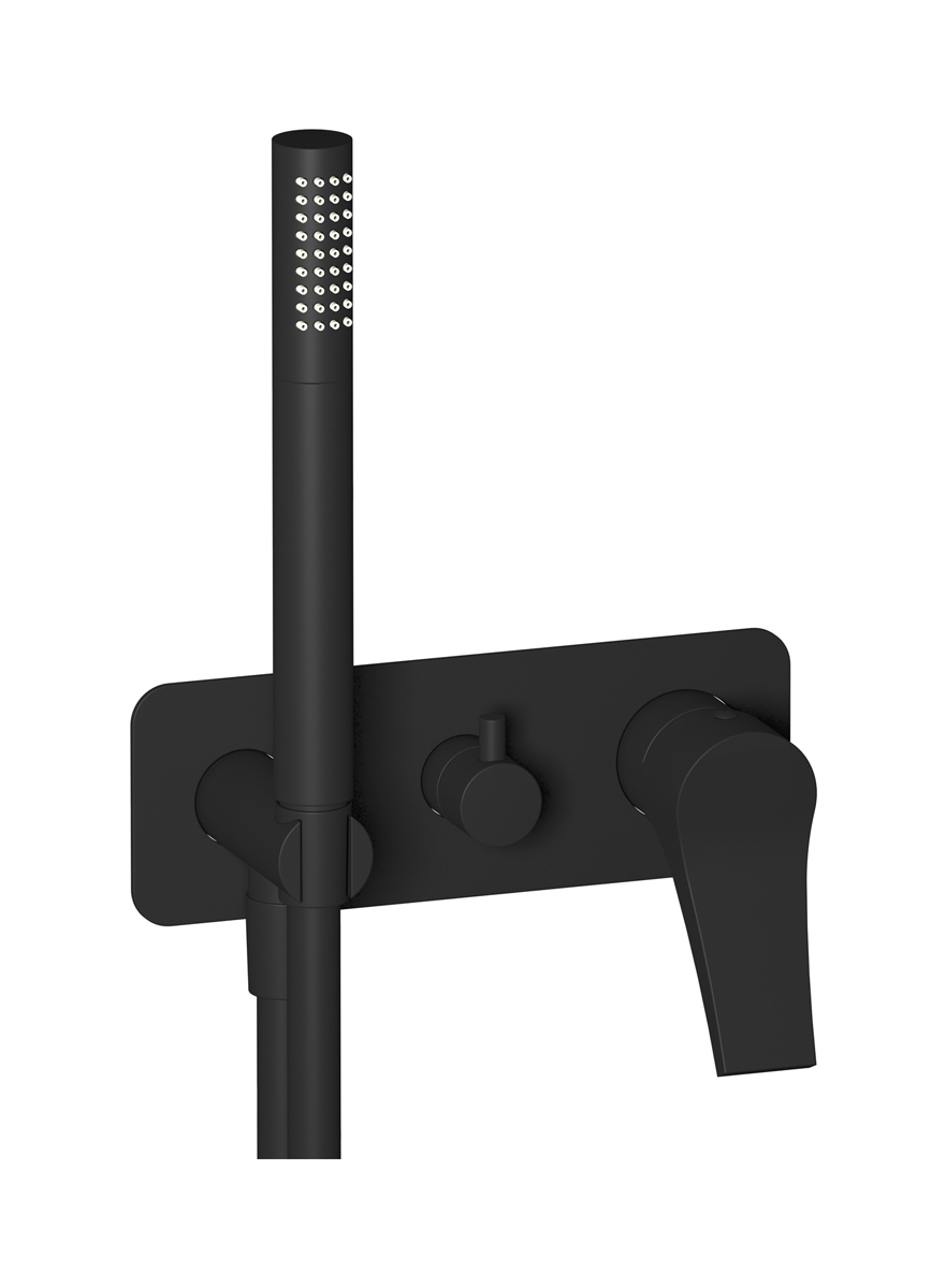 Внешние части встроенного в стену смесителя на 3 потребителя в комплекте с душевым гарнитуром. WE ARE IB tw200np Matt Black Twitter