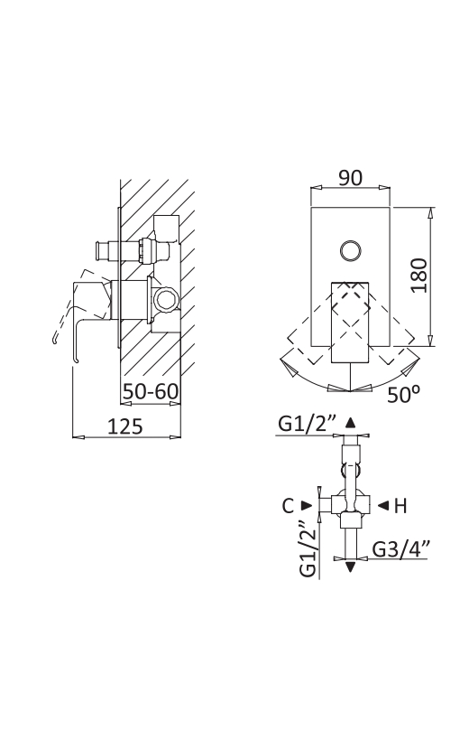 Встраиваемый однорычажный смеситель для душа с переключателем CEZARES PORTA-VDIM-BIO - Вид №1