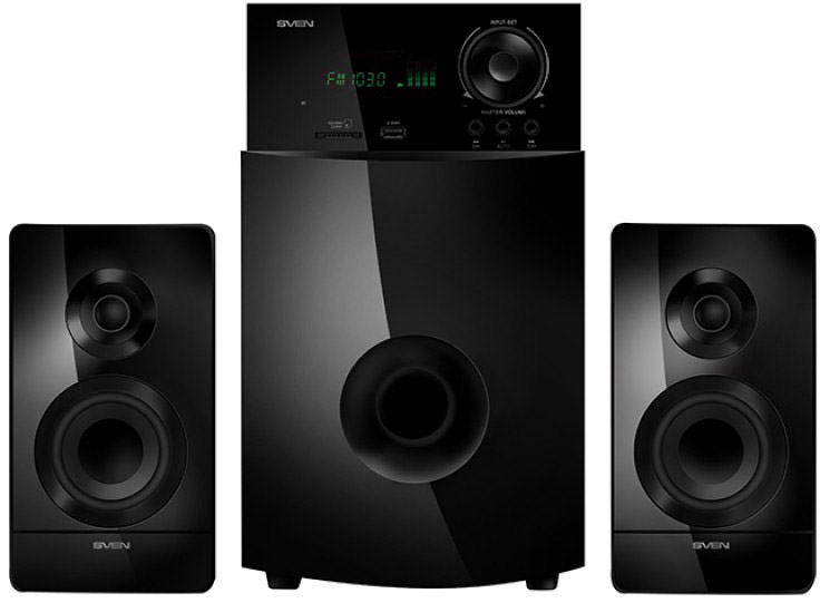 SV-012236 ms-2100, черный, акустическая система 2.1, мощность (rms): 50вт + 2х15вт, sd/usb, fm-радио, vfd-дисплей, пульт ду Sven Santreyd 