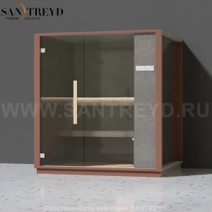 Effegibi ONE H LO60030001 Хаммам. Установка: к стене. Правая дверь. Мощность: 4,5 кВт макс. Размеры: длина 214 см, ширина 171 см. Отделка: Отделка: матовый лакированный коричневый аллюминий и темный ламинат из керамогранита.