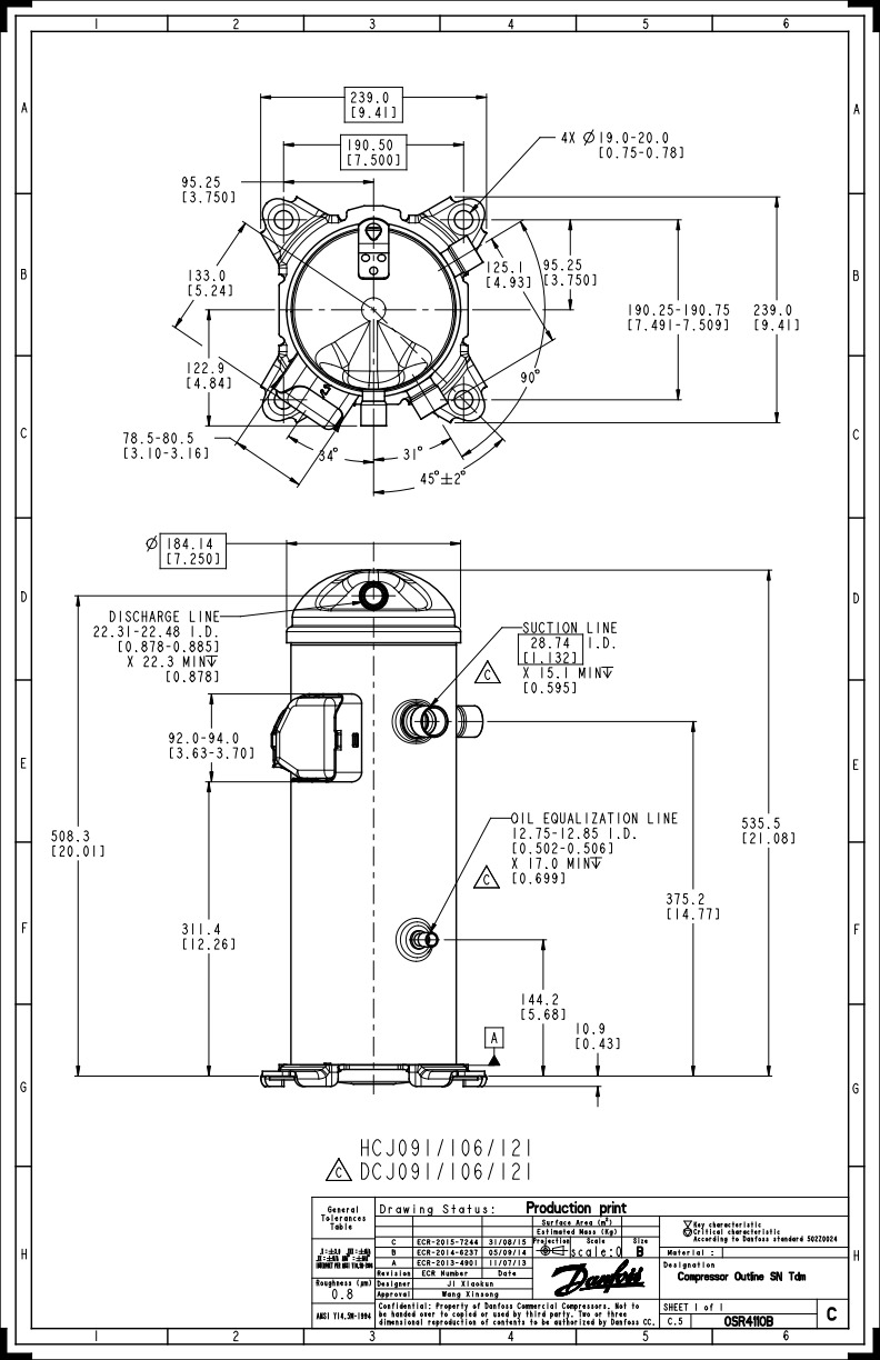 Danfoss DCJ — Герметичные спиральные компрессоры, R401A DCJ106T4LC8 Компрессор спиральный 121L5036  - Вид №4