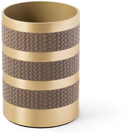 Подставка для зубных щеток Saturno - Ø 8XH11 см / металлическая отделка_сатинированная латунь / плетеная кожа_темно-серый