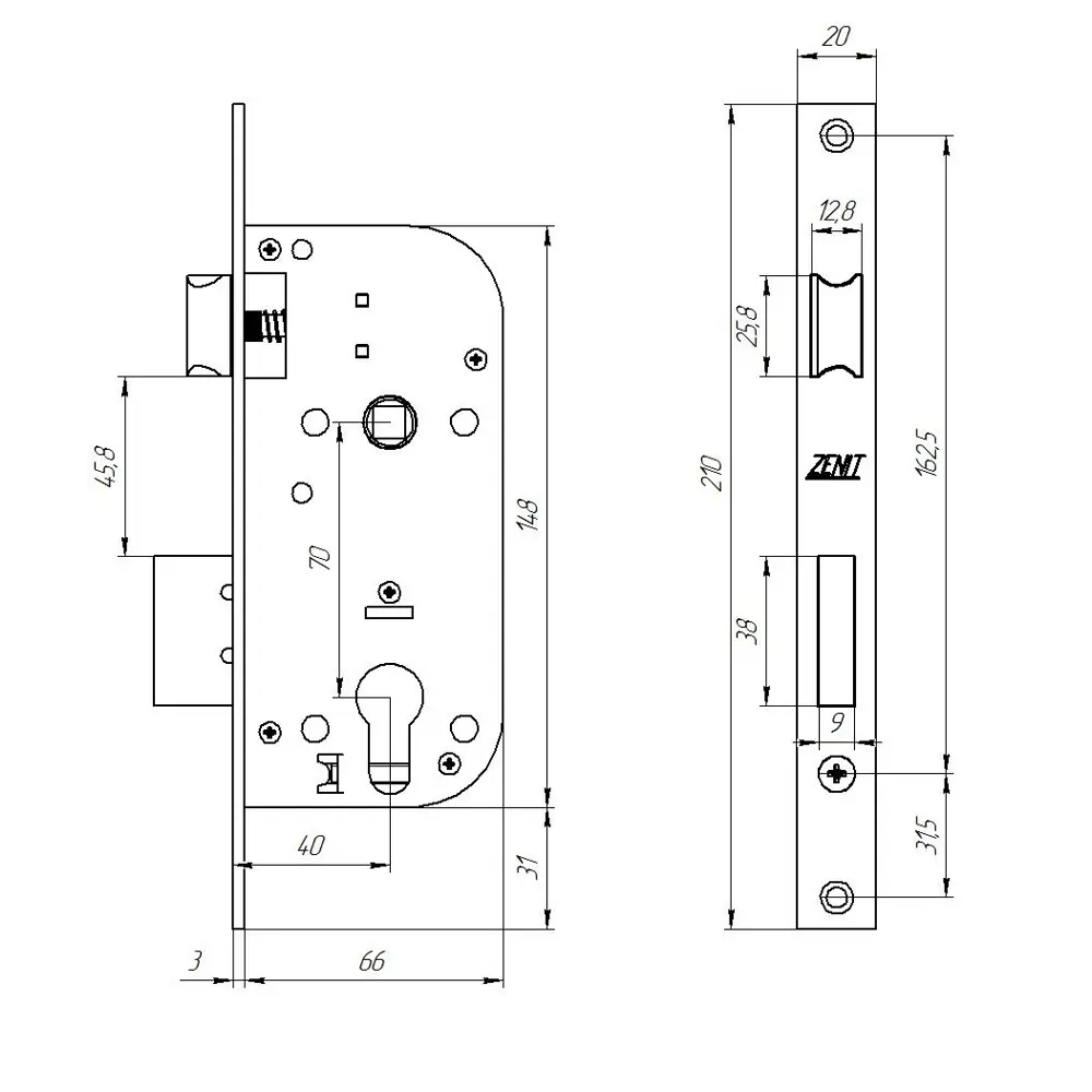 Замок врезной ЗЕНИТ ЗВ7-70 для легких дверей, хромированный 82490860 STLM-0028432 - Вид №3