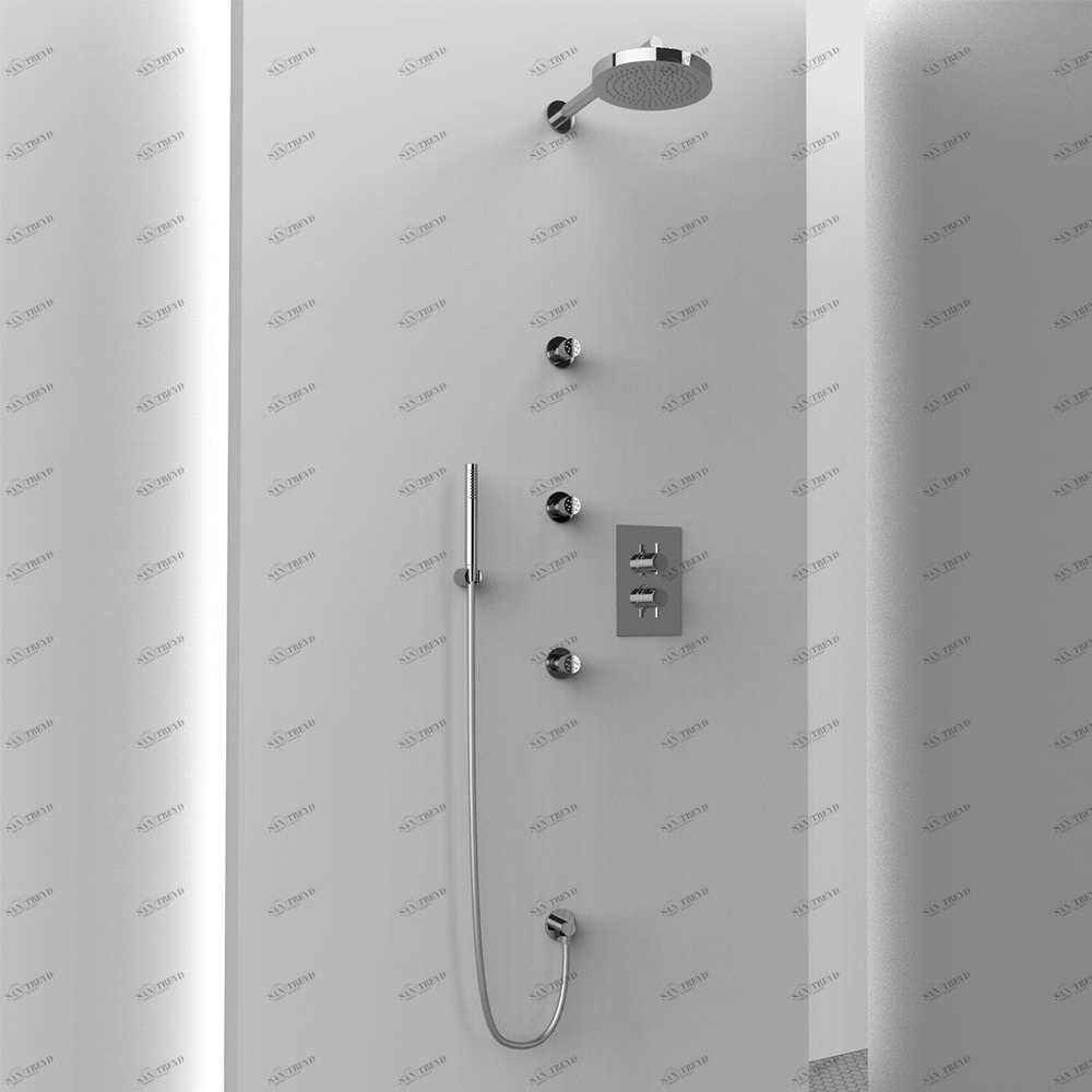 Graffio Круглая внутренняя часть душа. <br /> Включает в себя кронштейн, лейку, душ, гибкую опору, подключение к водопроводу, 3 боковых форсунки, термостатический смеситель. <br /> * Также доступен с комплектом для подключения воды и держателем (AM001-PA 