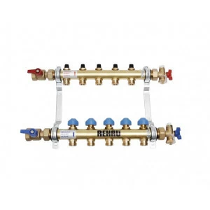 Коллекторная группа из нержавеющей стали с регулир. и термостатическими вентилями и расходомерами REHAU 1"x3/4"ЕК 5 выходов