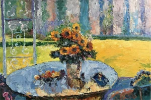 Картина на холсте 90х120 см "Цветы на столе" EVENHOME КАРТИНЫ МАСЛОМ 129897 Бежевый;желтый;синий;разноцветный