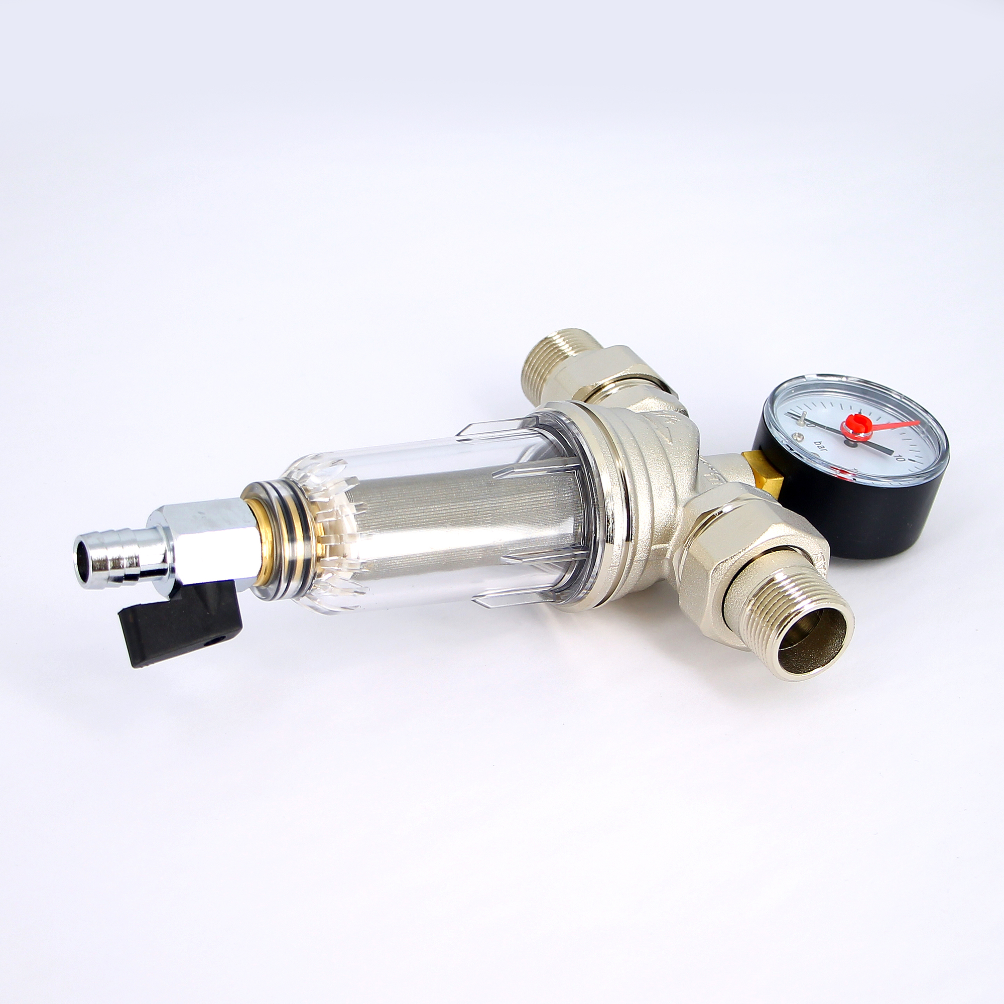 Фильтр промывной с манометром, с разъемными соединениями,пластиковой колбой TIEMME 1" 3130005 - Вид №1