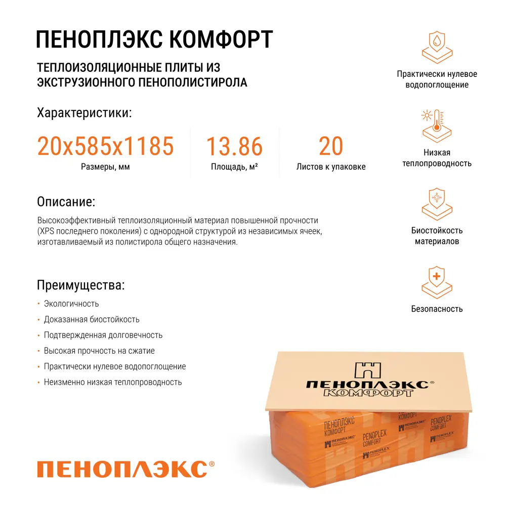Экструдированный пенополистирол XPS 20 мм Пеноплэкс Комфорт 585x1185 мм 0.69 м2 STLM-2011065 - Вид №1