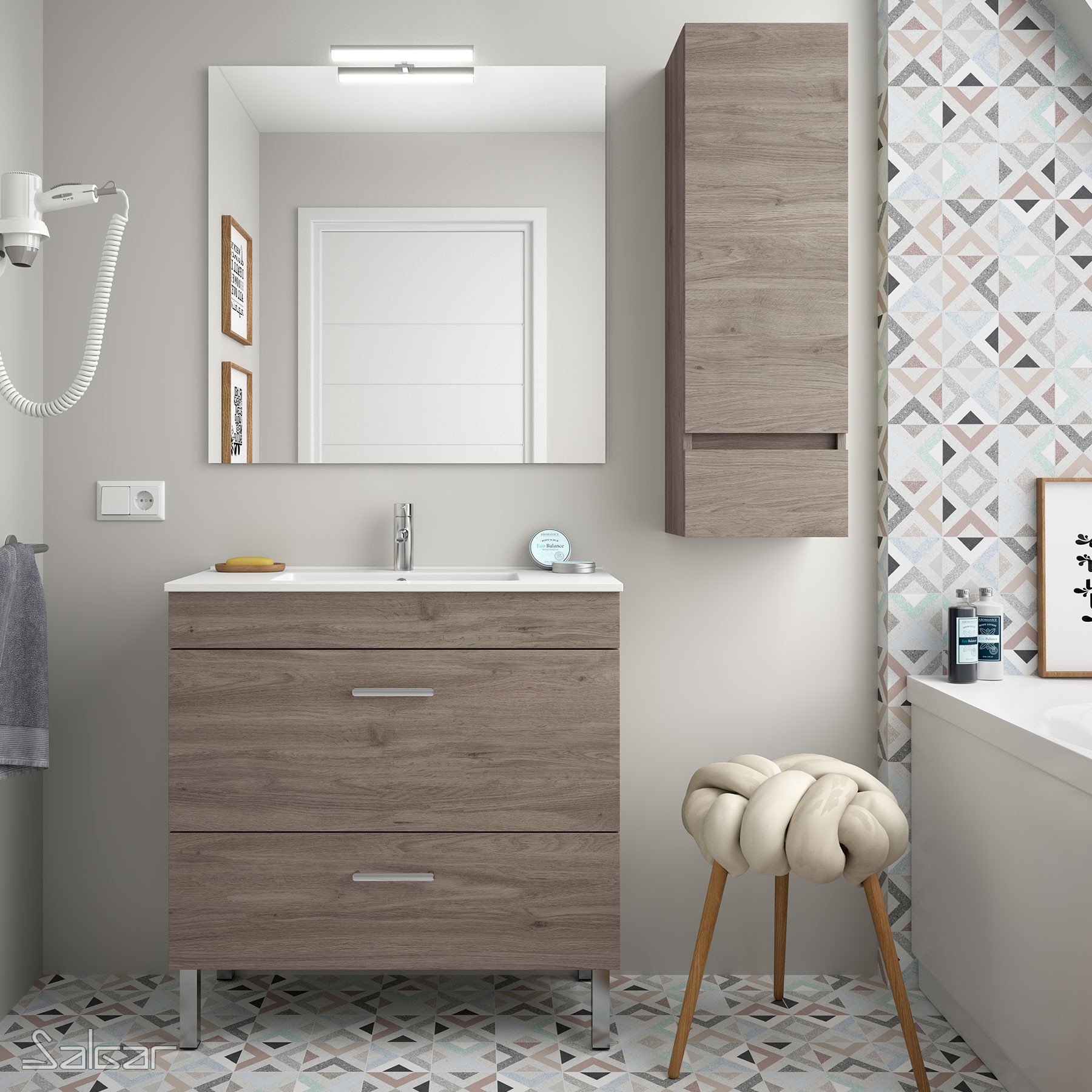 85154 SALGAR Комплект мебели для ванной ALMAGRO 600 ETERNITY OAK + Раковина + Зеркало + Свет Робл Вечность