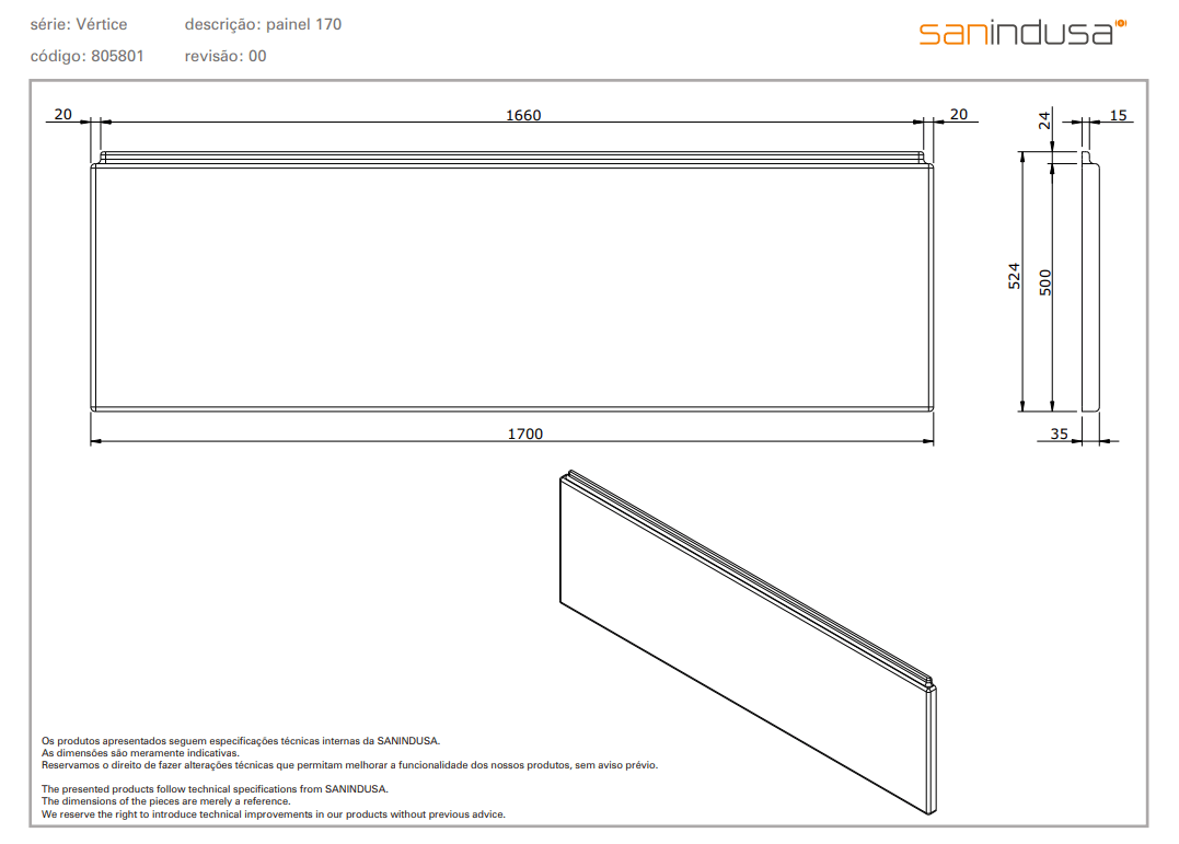 Панель для ванны Sanindusa Vertice 805801000 170 см - Вид №1